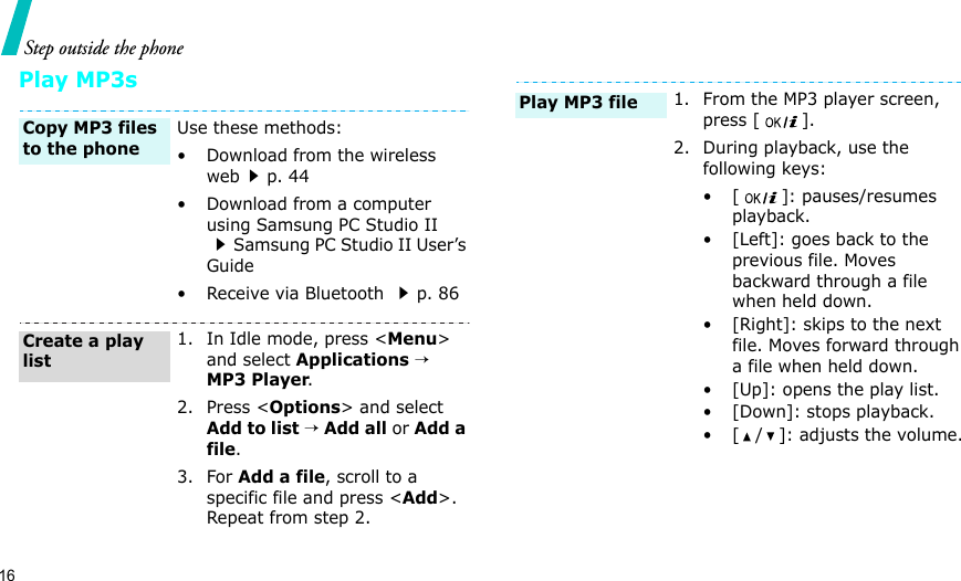 16Step outside the phonePlay MP3sUse these methods:• Download from the wireless webp. 44• Download from a computer using Samsung PC Studio II Samsung PC Studio II User’s Guide• Receive via Bluetooth p. 861. In Idle mode, press &lt;Menu&gt; and select Applications → MP3 Player.2. Press &lt;Options&gt; and select Add to list → Add all or Add a file.3. For Add a file, scroll to a specific file and press &lt;Add&gt;. Repeat from step 2.Copy MP3 files to the phoneCreate a play list1. From the MP3 player screen, press [ ].2. During playback, use the following keys:• [ ]: pauses/resumes playback.• [Left]: goes back to the previous file. Moves backward through a file when held down.• [Right]: skips to the next file. Moves forward through a file when held down.• [Up]: opens the play list.• [Down]: stops playback.• [ / ]: adjusts the volume.Play MP3 file