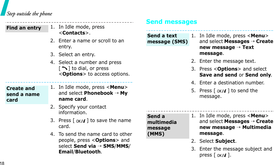 18Step outside the phoneSend messages1. In Idle mode, press &lt;Contacts&gt;.2. Enter a name or scroll to an entry.3. Select an entry.4. Select a number and press [] to dial, or press &lt;Options&gt; to access options.1. In Idle mode, press &lt;Menu&gt; and select Phonebook → My name card.2. Specify your contact information.3. Press [ ] to save the name card.4. To send the name card to other people, press &lt;Options&gt; and select Send via → SMS/MMS/Email/Bluetooth.Find an entryCreate and send a name card1. In Idle mode, press &lt;Menu&gt; and select Messages → Create new message → Text message.2. Enter the message text.3. Press &lt;Options&gt; and select Save and send or Send only.4. Enter a destination number.5. Press [ ] to send the message.1. In Idle mode, press &lt;Menu&gt; and select Messages → Create new message → Multimedia message.2. Select Subject.3. Enter the message subject and press [ ].Send a text message (SMS)Send a multimedia message (MMS)