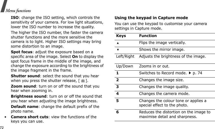 72Menu functionsISO: change the ISO setting, which controls the sensitivity of your camera. For low light situations, lower the ISO number to increase the quality. The higher the ISO number, the faster the camera shutter functions and the more sensitive the camera is to light. Higher ISO settings may bring some distortion to an image.Spot focus: adjust the exposure based on a specific area of the image. Select On to display the spot focus frame in the middle of the image, and change the exposure according to the brightness of the image fragment in the frame.Shutter sound: select the sound that you hear when you press the shutter release, [].Zoom sound: turn on or off the sound that you hear when zooming in.Brightness sound: turn on or off the sound that you hear when adjusting the image brightness.Default name: change the default prefix of the photo name.•Camera short cuts: view the functions of the keys you can use.Using the keypad in Capture modeYou can use the keypad to customise your camera settings in Capture mode.Keys FunctionFlips the image vertically.Shows the mirror image.Left/Right Adjusts the brightness of the image.Up/Down Zooms in or out.1Switches to Record mode.p. 742Changes the image size.3Changes the image quality.4Changes the camera mode.5Changes the colour tone or applies a special effect to the photo.6Reduces the distortion on the image to maximise detail and sharpness.