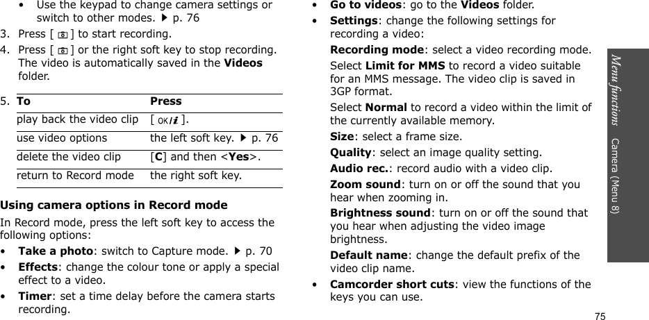 Menu functions    Camera (Menu 8)75• Use the keypad to change camera settings or switch to other modes.p. 763. Press [] to start recording.4. Press [] or the right soft key to stop recording. The video is automatically saved in the Videos folder.Using camera options in Record modeIn Record mode, press the left soft key to access the following options:•Take a photo: switch to Capture mode.p. 70•Effects: change the colour tone or apply a special effect to a video.•Timer: set a time delay before the camera starts recording.•Go to videos: go to the Videos folder.•Settings: change the following settings for recording a video:Recording mode: select a video recording mode.Select Limit for MMS to record a video suitable for an MMS message. The video clip is saved in 3GP format.Select Normal to record a video within the limit of the currently available memory. Size: select a frame size. Quality: select an image quality setting. Audio rec.: record audio with a video clip.Zoom sound: turn on or off the sound that you hear when zooming in.Brightness sound: turn on or off the sound that you hear when adjusting the video image brightness.Default name: change the default prefix of the video clip name.•Camcorder short cuts: view the functions of the keys you can use.5.To Pressplay back the video clip [ ].use video options the left soft key.p. 76delete the video clip [C] and then &lt;Yes&gt;.return to Record mode the right soft key.
