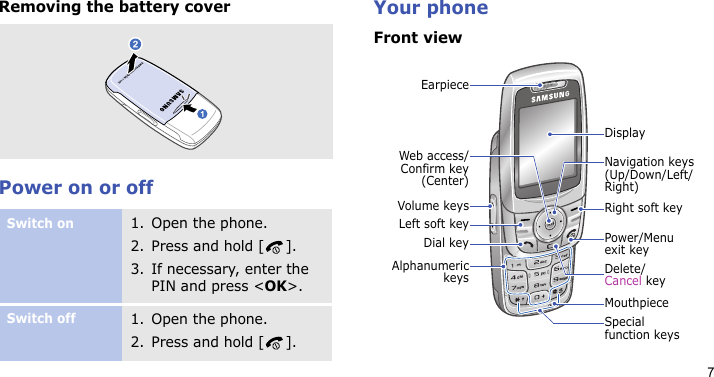 7Removing the battery coverPower on or offYour phoneFront viewSwitch on1. Open the phone.2. Press and hold [ ].3. If necessary, enter the PIN and press &lt;OK&gt;.Switch off1. Open the phone.2. Press and hold [ ].Delete/Cancel keyMouthpiecePower/Menu exit keyRight soft keyNavigation keys(Up/Down/Left/Right)EarpieceDisplayVolume keysLeft soft keyDial keyAlphanumerickeysSpecial function keysWeb access/Confirm key(Center)