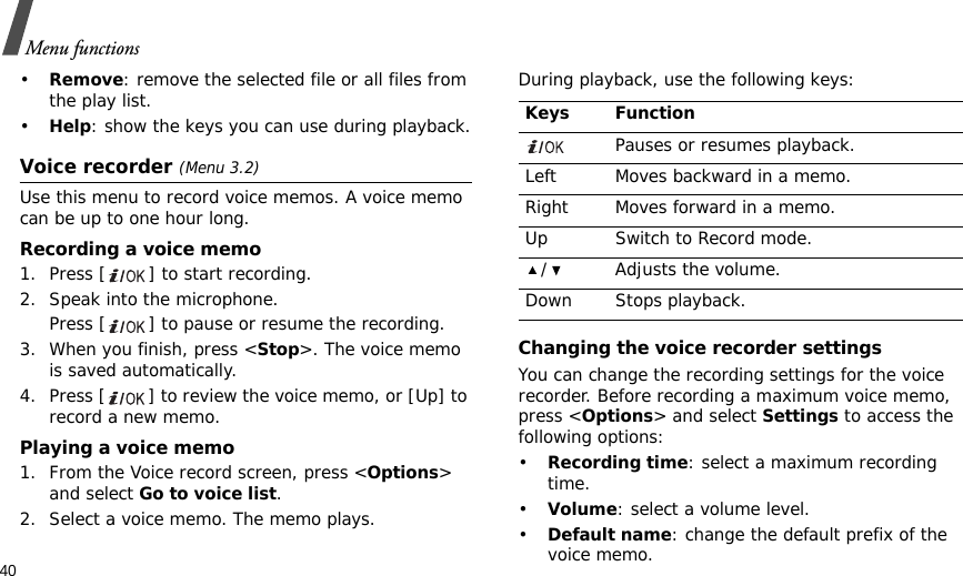 40Menu functions•Remove: remove the selected file or all files from the play list.•Help: show the keys you can use during playback.Voice recorder (Menu 3.2)Use this menu to record voice memos. A voice memo can be up to one hour long.Recording a voice memo1. Press [ ] to start recording. 2. Speak into the microphone. Press [ ] to pause or resume the recording.3. When you finish, press &lt;Stop&gt;. The voice memo is saved automatically.4. Press [ ] to review the voice memo, or [Up] to record a new memo.Playing a voice memo1. From the Voice record screen, press &lt;Options&gt; and select Go to voice list.2. Select a voice memo. The memo plays.During playback, use the following keys:Changing the voice recorder settingsYou can change the recording settings for the voice recorder. Before recording a maximum voice memo, press &lt;Options&gt; and select Settings to access the following options:•Recording time: select a maximum recording time.•Volume: select a volume level.•Default name: change the default prefix of the voice memo.Keys FunctionPauses or resumes playback.Left Moves backward in a memo.Right Moves forward in a memo.Up Switch to Record mode./Adjusts the volume.Down Stops playback.