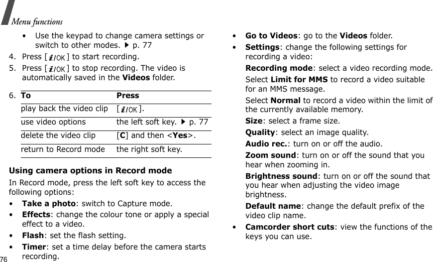 76Menu functions• Use the keypad to change camera settings or switch to other modes.p. 774. Press [] to start recording.5. Press [] to stop recording. The video is automatically saved in the Videos folder.Using camera options in Record modeIn Record mode, press the left soft key to access the following options:•Take a photo: switch to Capture mode.•Effects: change the colour tone or apply a special effect to a video.•Flash: set the flash setting.•Timer: set a time delay before the camera starts recording.•Go to Videos: go to the Videos folder.•Settings: change the following settings for recording a video:Recording mode: select a video recording mode.Select Limit for MMS to record a video suitable for an MMS message.Select Normal to record a video within the limit of the currently available memory. Size: select a frame size. Quality: select an image quality. Audio rec.: turn on or off the audio.Zoom sound: turn on or off the sound that you hear when zooming in.Brightness sound: turn on or off the sound that you hear when adjusting the video image brightness.Default name: change the default prefix of the video clip name.•Camcorder short cuts: view the functions of the keys you can use.6.To Pressplay back the video clip [ ].use video options the left soft key.p. 77delete the video clip [C] and then &lt;Yes&gt;.return to Record mode the right soft key.