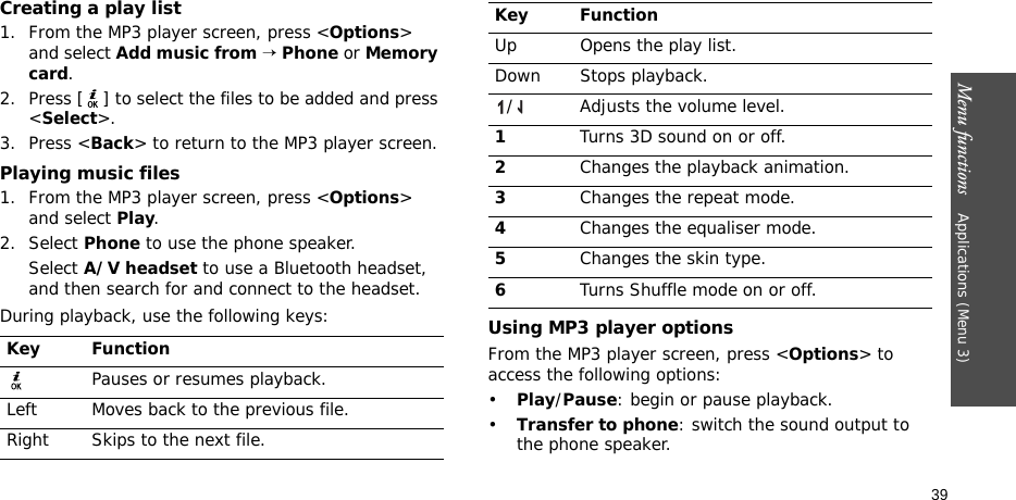 Menu functions    Applications (Menu 3)39Creating a play list1. From the MP3 player screen, press &lt;Options&gt; and select Add music from → Phone or Memory card.2. Press [ ] to select the files to be added and press &lt;Select&gt;.3. Press &lt;Back&gt; to return to the MP3 player screen.Playing music files1. From the MP3 player screen, press &lt;Options&gt; and select Play.2. Select Phone to use the phone speaker.Select A/V headset to use a Bluetooth headset, and then search for and connect to the headset.During playback, use the following keys:Using MP3 player optionsFrom the MP3 player screen, press &lt;Options&gt; to access the following options:•Play/Pause: begin or pause playback.•Transfer to phone: switch the sound output to the phone speaker.Key FunctionPauses or resumes playback.Left Moves back to the previous file.Right Skips to the next file.Up Opens the play list.Down Stops playback./ Adjusts the volume level.1Turns 3D sound on or off.2Changes the playback animation.3Changes the repeat mode.4Changes the equaliser mode.5Changes the skin type.6Turns Shuffle mode on or off.Key Function