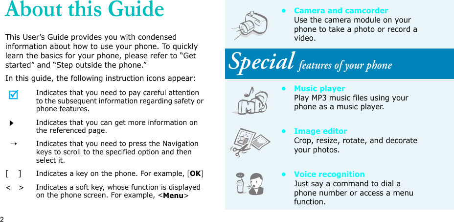 2About this GuideThis User’s Guide provides you with condensed information about how to use your phone. To quickly learn the basics for your phone, please refer to “Get started” and “Step outside the phone.”In this guide, the following instruction icons appear:Indicates that you need to pay careful attention to the subsequent information regarding safety or phone features.Indicates that you can get more information on the referenced page.  →Indicates that you need to press the Navigation keys to scroll to the specified option and then select it.[    ]Indicates a key on the phone. For example, [OK]&lt;   &gt;Indicates a soft key, whose function is displayed on the phone screen. For example, &lt;Menu&gt;• Camera and camcorderUse the camera module on your phone to take a photo or record a video.Special features of your phone•Music playerPlay MP3 music files using your phone as a music player.• Image editorCrop, resize, rotate, and decorate your photos.• Voice recognitionJust say a command to dial a phone number or access a menu function.