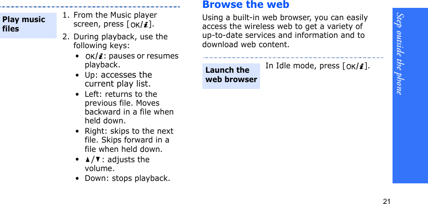 Step outside the phone21Browse the webUsing a built-in web browser, you can easily access the wireless web to get a variety of up-to-date services and information and to download web content.1. From the Music player screen, press [ ].2. During playback, use the following keys:•: pauses or resumes playback.• Up: accesses the current play list.• Left: returns to the previous file. Moves backward in a file when held down.• Right: skips to the next file. Skips forward in a file when held down.•/: adjusts the volume.• Down: stops playback.Play music filesIn Idle mode, press [ ].Launch the web browser