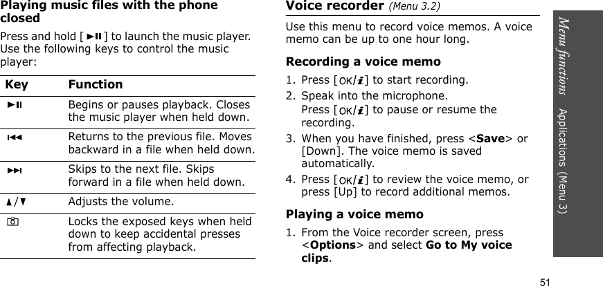 Menu functions    Applications(Menu 3)51Playing music files with the phone closedPress and hold [ ] to launch the music player. Use the following keys to control the music player:Voice recorder(Menu 3.2)Use this menu to record voice memos. A voice memo can be up to one hour long.Recording a voice memo1. Press [ ] to start recording. 2. Speak into the microphone.Press [ ] to pause or resume the recording.3. When you have finished, press &lt;Save&gt; or [Down]. The voice memo is saved automatically.4. Press [ ] to review the voice memo, or press [Up] to record additional memos.Playing a voice memo1. From the Voice recorder screen, press &lt;Options&gt; and select Go to My voice clips.Key FunctionBegins or pauses playback. Closes the music player when held down.Returns to the previous file. Moves backward in a file when held down.Skips to the next file. Skips forward in a file when held down./ Adjusts the volume.Locks the exposed keys when held down to keep accidental presses from affecting playback.