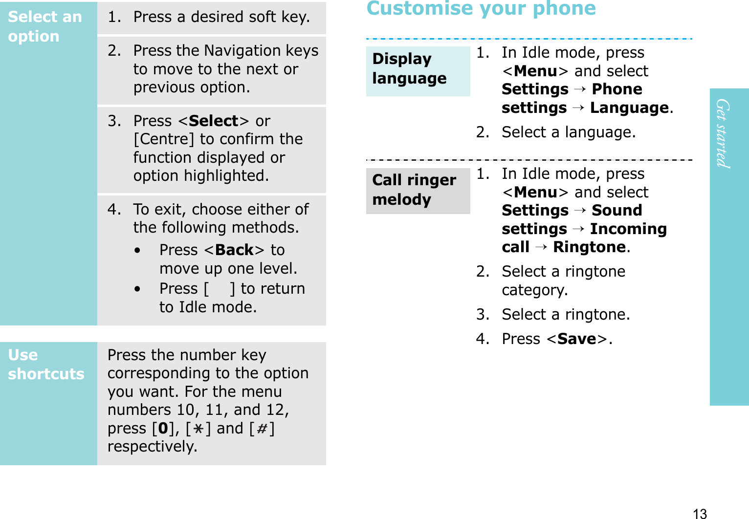Get started13Customise your phoneSelect an option1. Press a desired soft key.2. Press the Navigation keys to move to the next or previous option.3. Press &lt;Select&gt; or [Centre] to confirm the function displayed or option highlighted.4. To exit, choose either of the following methods.• Press &lt;Back&gt; to move up one level.• Press [ ] to return to Idle mode.Use shortcutsPress the number key corresponding to the option you want. For the menu numbers 10, 11, and 12, press [0], [] and [] respectively.1. In Idle mode, press &lt;Menu&gt; and select Settings→Phone settings→Language.2. Select a language.1. In Idle mode, press &lt;Menu&gt; and select Settings→Sound settings→Incoming call→Ringtone.2. Select a ringtone category.3. Select a ringtone.4. Press &lt;Save&gt;.Display languageCall ringer melody