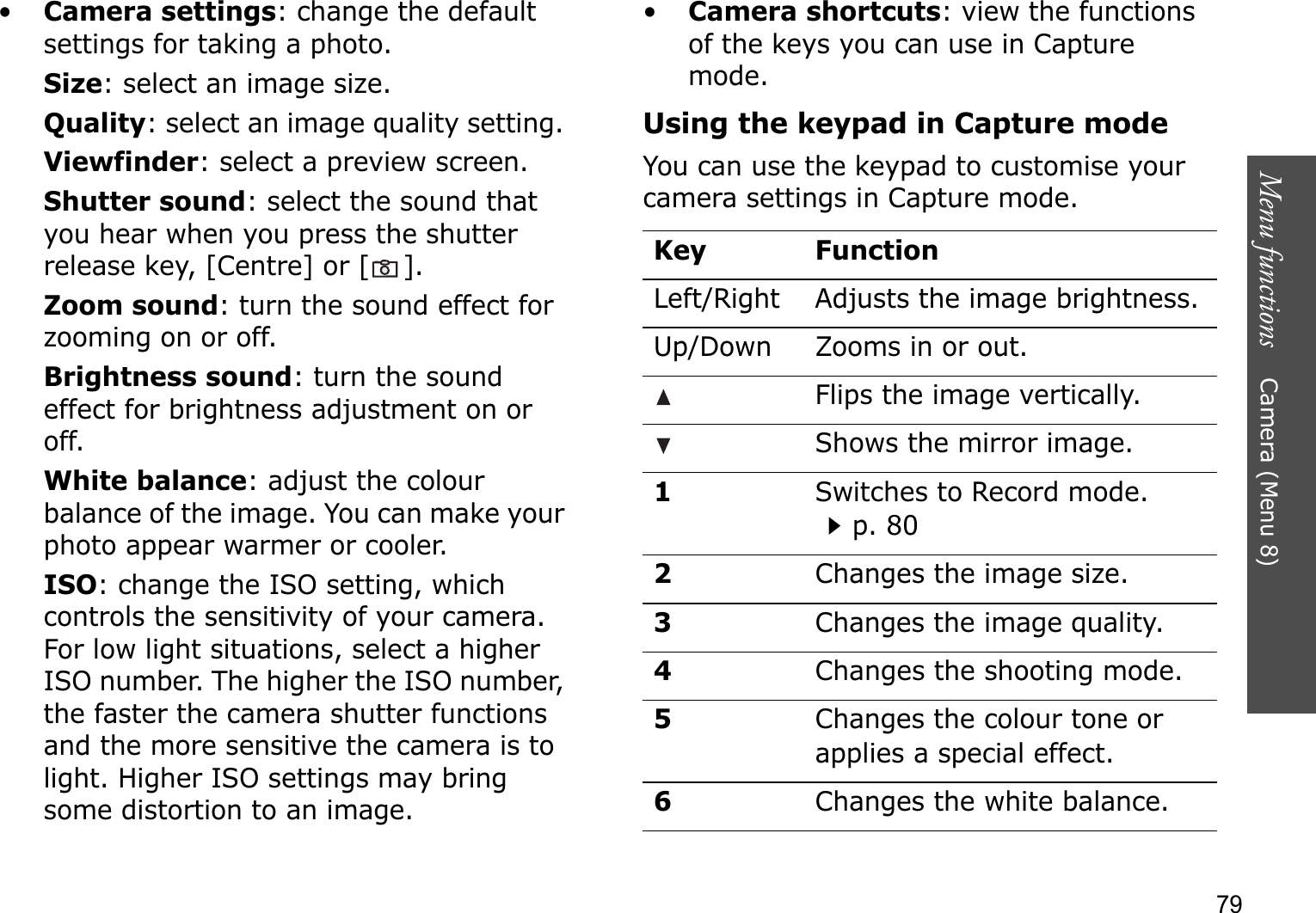 Menu functions    Camera (Menu 8)79•Camera settings: change the default settings for taking a photo.Size: select an image size. Quality: select an image quality setting. Viewfinder: select a preview screen.Shutter sound: select the sound that you hear when you press the shutter release key, [Centre] or [ ].Zoom sound: turn the sound effect for zooming on or off.Brightness sound: turn the sound effect for brightness adjustment on or off.White balance: adjust the colour balance of the image. You can make your photo appear warmer or cooler.ISO: change the ISO setting, which controls the sensitivity of your camera. For low light situations, select a higher ISO number. The higher the ISO number, the faster the camera shutter functions and the more sensitive the camera is to light. Higher ISO settings may bring some distortion to an image.•Camera shortcuts: view the functions of the keys you can use in Capture mode.Using the keypad in Capture modeYou can use the keypad to customise your camera settings in Capture mode.Key FunctionLeft/Right Adjusts the image brightness.Up/Down Zooms in or out.Flips the image vertically.Shows the mirror image.1Switches to Record mode.p. 802Changes the image size. 3Changes the image quality.4Changes the shooting mode.5Changes the colour tone or applies a special effect.6Changes the white balance.