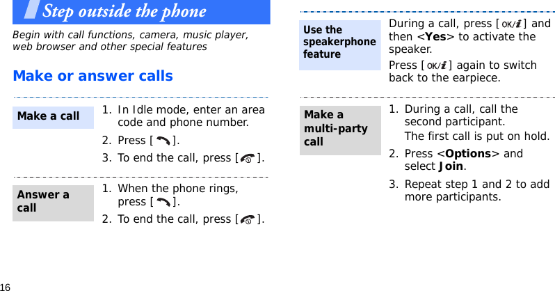 16Step outside the phoneBegin with call functions, camera, music player, web browser and other special featuresMake or answer calls1. In Idle mode, enter an area code and phone number.2. Press [ ].3. To end the call, press [ ].1. When the phone rings, press [ ].2. To end the call, press [ ].Make a callAnswer a callDuring a call, press [ ] and then &lt;Yes&gt; to activate the speaker.Press [ ] again to switch back to the earpiece.1. During a call, call the second participant.The first call is put on hold.2. Press &lt;Options&gt; and select Join.3. Repeat step 1 and 2 to add more participants.Use the speakerphone featureMake a multi-party call