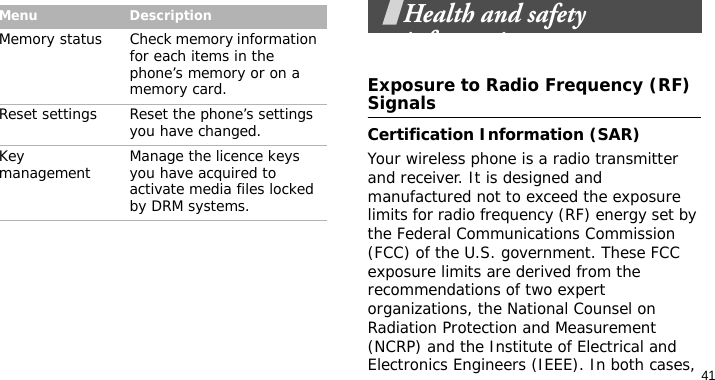 41Health and safety informationExposure to Radio Frequency (RF) SignalsCertification Information (SAR)Your wireless phone is a radio transmitter and receiver. It is designed and manufactured not to exceed the exposure limits for radio frequency (RF) energy set by the Federal Communications Commission (FCC) of the U.S. government. These FCC exposure limits are derived from the recommendations of two expert organizations, the National Counsel on Radiation Protection and Measurement (NCRP) and the Institute of Electrical and Electronics Engineers (IEEE). In both cases, Memory status Check memory information for each items in the phone’s memory or on a memory card.Reset settings Reset the phone’s settings you have changed.Key management Manage the licence keys you have acquired to activate media files locked by DRM systems.Menu Description