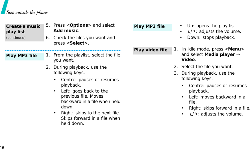 16Step outside the phone5. Press &lt;Options&gt; and select Add music.6. Check the files you want and press &lt;Select&gt;.1. From the playlist, select the file you want.2. During playback, use the following keys:• Centre: pauses or resumes playback.• Left: goes back to the previous file. Moves backward in a file when held down.• Right: skips to the next file. Skips forward in a file when held down.Create a music play list(continued)Play MP3 file• Up: opens the play list.• / : adjusts the volume.• Down: stops playback.1. In Idle mode, press &lt;Menu&gt; and select Media player → Video.2. Select the file you want.3. During playback, use the following keys:• Centre: pauses or resumes playback.•Left: moves backward in a file.• Right: skips forward in a file.• / : adjusts the volume.Play MP3 filePlay video file