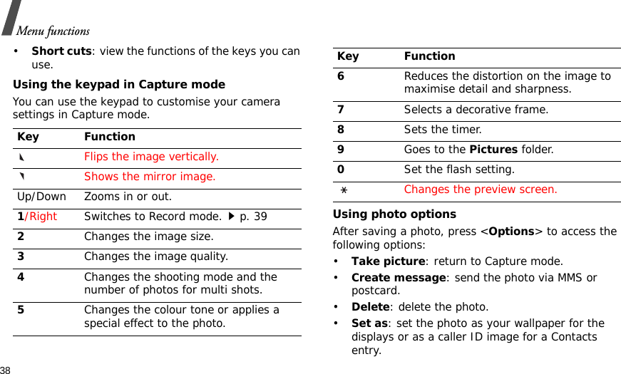 38Menu functions•Short cuts: view the functions of the keys you can use.Using the keypad in Capture modeYou can use the keypad to customise your camera settings in Capture mode.Using photo optionsAfter saving a photo, press &lt;Options&gt; to access the following options:•Take picture: return to Capture mode.•Create message: send the photo via MMS or postcard.•Delete: delete the photo.•Set as: set the photo as your wallpaper for the displays or as a caller ID image for a Contacts entry.Key FunctionFlips the image vertically.Shows the mirror image.Up/Down Zooms in or out.1/Right Switches to Record mode.p. 392Changes the image size.3Changes the image quality.4Changes the shooting mode and the number of photos for multi shots.5Changes the colour tone or applies a special effect to the photo.6Reduces the distortion on the image to maximise detail and sharpness.7Selects a decorative frame.8Sets the timer.9Goes to the Pictures folder.0Set the flash setting.Changes the preview screen.Key Function