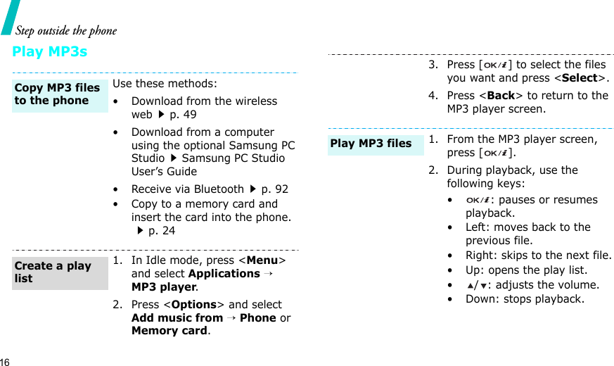 16Step outside the phonePlay MP3sUse these methods:• Download from the wireless webp. 49• Download from a computer using the optional Samsung PC StudioSamsung PC Studio User’s Guide• Receive via Bluetoothp. 92• Copy to a memory card and insert the card into the phone.p. 241. In Idle mode, press &lt;Menu&gt; and select Applications → MP3 player.2. Press &lt;Options&gt; and select Add music from → Phone or Memory card.Copy MP3 files to the phoneCreate a play list3. Press [ ] to select the files you want and press &lt;Select&gt;.4. Press &lt;Back&gt; to return to the MP3 player screen.1. From the MP3 player screen, press [ ].2. During playback, use the following keys:•: pauses or resumes playback.• Left: moves back to the previous file.• Right: skips to the next file.• Up: opens the play list.• / : adjusts the volume.• Down: stops playback.Play MP3 files