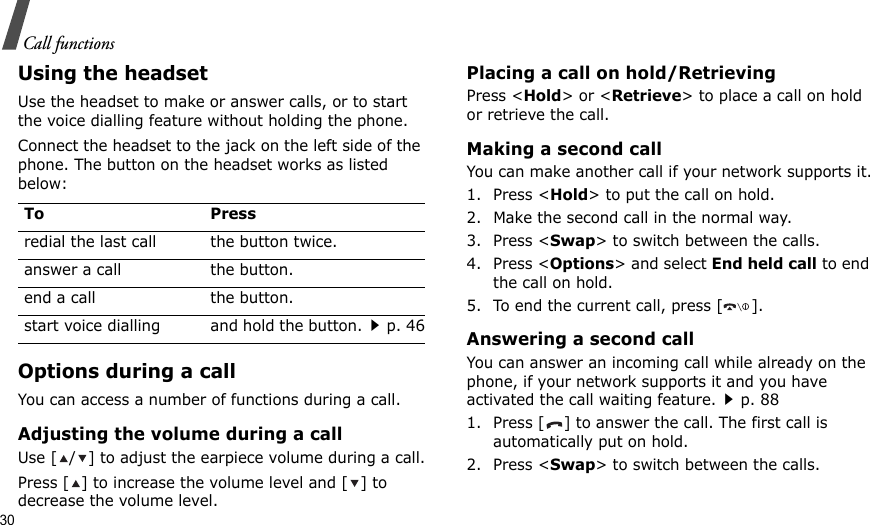 30Call functionsUsing the headsetUse the headset to make or answer calls, or to start the voice dialling feature without holding the phone. Connect the headset to the jack on the left side of the phone. The button on the headset works as listed below:Options during a callYou can access a number of functions during a call.Adjusting the volume during a callUse [ / ] to adjust the earpiece volume during a call.Press [ ] to increase the volume level and [ ] to decrease the volume level.Placing a call on hold/RetrievingPress &lt;Hold&gt; or &lt;Retrieve&gt; to place a call on hold or retrieve the call.Making a second callYou can make another call if your network supports it.1. Press &lt;Hold&gt; to put the call on hold.2. Make the second call in the normal way.3. Press &lt;Swap&gt; to switch between the calls.4. Press &lt;Options&gt; and select End held call to end the call on hold.5. To end the current call, press [ ].Answering a second callYou can answer an incoming call while already on the phone, if your network supports it and you have activated the call waiting feature.p. 88 1. Press [ ] to answer the call. The first call is automatically put on hold.2. Press &lt;Swap&gt; to switch between the calls.To Pressredial the last call the button twice.answer a call the button.end a call the button.start voice dialling and hold the button.p. 46