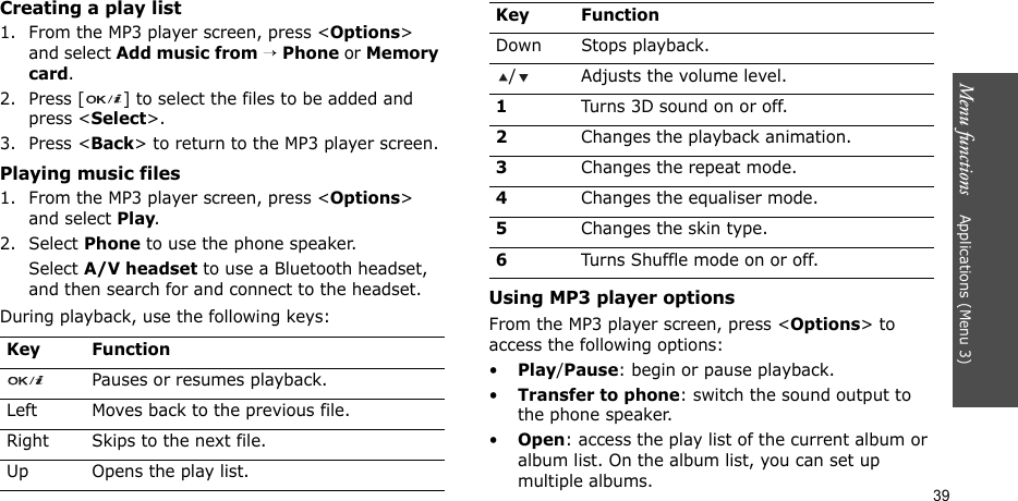 Menu functions    Applications (Menu 3)39Creating a play list1. From the MP3 player screen, press &lt;Options&gt; and select Add music from → Phone or Memory card.2. Press [ ] to select the files to be added and press &lt;Select&gt;.3. Press &lt;Back&gt; to return to the MP3 player screen.Playing music files1. From the MP3 player screen, press &lt;Options&gt; and select Play.2. Select Phone to use the phone speaker.Select A/V headset to use a Bluetooth headset, and then search for and connect to the headset.During playback, use the following keys:Using MP3 player optionsFrom the MP3 player screen, press &lt;Options&gt; to access the following options:•Play/Pause: begin or pause playback.•Transfer to phone: switch the sound output to the phone speaker.•Open: access the play list of the current album or album list. On the album list, you can set up multiple albums.Key FunctionPauses or resumes playback.Left Moves back to the previous file.Right Skips to the next file.Up Opens the play list.Down Stops playback./ Adjusts the volume level.1Turns 3D sound on or off.2Changes the playback animation.3Changes the repeat mode.4Changes the equaliser mode.5Changes the skin type.6Turns Shuffle mode on or off.Key Function