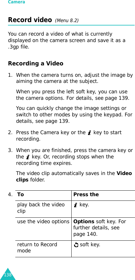 Camera138Record video  (Menu 8.2)You can record a video of what is currently displayed on the camera screen and save it as a .3gp file.Recording a Video1. When the camera turns on, adjust the image by aiming the camera at the subject. When you press the left soft key, you can use the camera options. For details, see page 139.You can quickly change the image settings or switch to other modes by using the keypad. For details, see page 139.2. Press the Camera key or the   key to start recording.3. When you are finished, press the camera key or the   key. Or, recording stops when the recording time expires. The video clip automatically saves in the Video clips folder.4.To Press theplay back the video clip  key.use the video optionsOptions soft key. For further details, see page 140.return to Record mode  soft key.