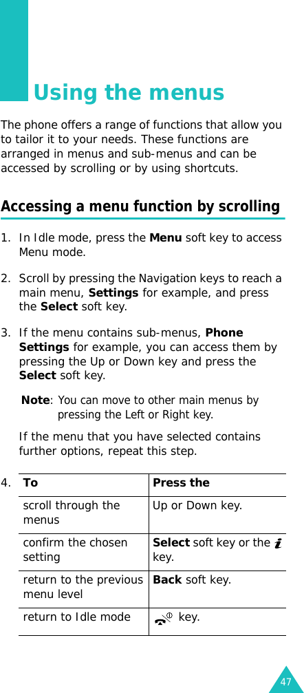 47Using the menusThe phone offers a range of functions that allow you to tailor it to your needs. These functions are arranged in menus and sub-menus and can be accessed by scrolling or by using shortcuts.Accessing a menu function by scrolling1. In Idle mode, press the Menu soft key to access Menu mode. 2. Scroll by pressing the Navigation keys to reach a main menu, Settings for example, and press the Select soft key.3. If the menu contains sub-menus, Phone Settings for example, you can access them by pressing the Up or Down key and press the Select soft key.Note: You can move to other main menus by pressing the Left or Right key.If the menu that you have selected contains further options, repeat this step.4.To Press thescroll through the menus Up or Down key.confirm the chosen settingSelect soft key or the   key.return to the previous menu levelBack soft key.return to Idle mode  key.