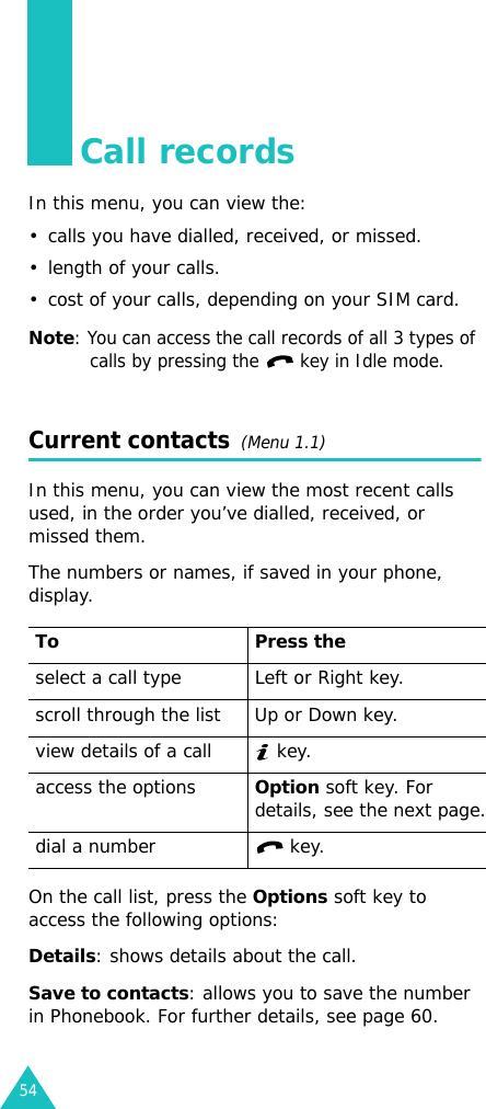 54Call recordsIn this menu, you can view the:• calls you have dialled, received, or missed.• length of your calls.• cost of your calls, depending on your SIM card.Note: You can access the call records of all 3 types of calls by pressing the  key in Idle mode.Current contacts  (Menu 1.1)In this menu, you can view the most recent calls used, in the order you’ve dialled, received, or missed them.The numbers or names, if saved in your phone, display. On the call list, press the Options soft key to access the following options:Details: shows details about the call.Save to contacts: allows you to save the number in Phonebook. For further details, see page 60.To Press theselect a call type Left or Right key.scroll through the list Up or Down key.view details of a call  key.access the optionsOption soft key. For details, see the next page.dial a number  key.