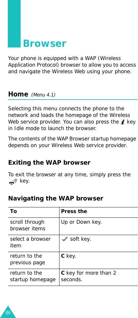 86BrowserYour phone is equipped with a WAP (Wireless Application Protocol) browser to allow you to access and navigate the Wireless Web using your phone.Home  (Menu 4.1)Selecting this menu connects the phone to the network and loads the homepage of the Wireless Web service provider. You can also press the   key in Idle mode to launch the browser.The contents of the WAP Browser startup homepage depends on your Wireless Web service provider.Exiting the WAP browserTo exit the browser at any time, simply press the  key.Navigating the WAP browserTo Press thescroll through browser items  Up or Down key. select a browser item  soft key.return to the previous pageC key.return to the startup homepageC key for more than 2 seconds.