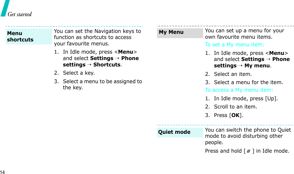 14Get startedYou can set the Navigation keys to function as shortcuts to access your favourite menus.1. In Idle mode, press &lt;Menu&gt; and select Settings → Phone settings → Shortcuts.2. Select a key.3. Select a menu to be assigned to the key.Menu shortcutsYou can set up a menu for your own favourite menu items.To set a My menu item:1. In Idle mode, press &lt;Menu&gt; and select Settings → Phone settings → My menu.2. Select an item.3. Select a menu for the item.To access a My menu item:1. In Idle mode, press [Up].2. Scroll to an item.3. Press [OK].You can switch the phone to Quiet mode to avoid disturbing other people.Press and hold [ ] in Idle mode.My MenuQuiet mode