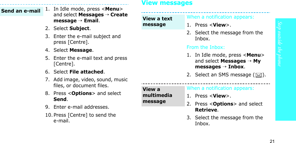 21Step outside the phoneView messages1. In Idle mode, press &lt;Menu&gt; and select Messages → Create message → Email.2. Select Subject.3. Enter the e-mail subject and press [Centre].4. Select Message.5. Enter the e-mail text and press [Centre].6. Select File attached.7. Add image, video, sound, music files, or document files.8. Press &lt;Options&gt; and select Send.9. Enter e-mail addresses.10. Press [Centre] to send the e-mail.Send an e-mailWhen a notification appears: 1. Press &lt;View&gt;. 2. Select the message from the Inbox.From the Inbox:1. In Idle mode, press &lt;Menu&gt; and select Messages → My messages → Inbox.2. Select an SMS message ( ).When a notification appears:1. Press &lt;View&gt;.2. Press &lt;Options&gt; and select Retrieve. 3. Select the message from the Inbox.View a text messageView a multimedia message