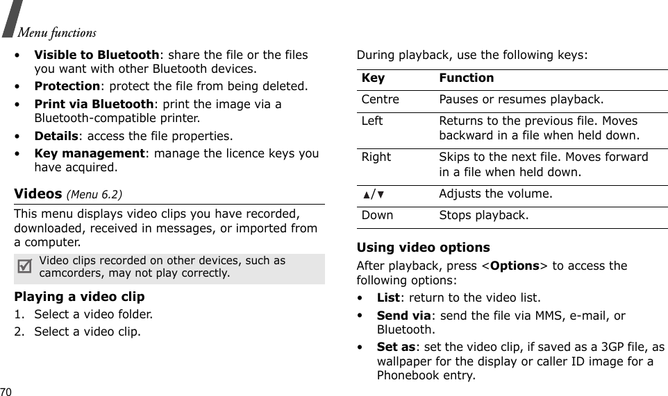 70Menu functions•Visible to Bluetooth: share the file or the files you want with other Bluetooth devices.•Protection: protect the file from being deleted.•Print via Bluetooth: print the image via a Bluetooth-compatible printer.•Details: access the file properties.•Key management: manage the licence keys you have acquired.Videos (Menu 6.2)This menu displays video clips you have recorded, downloaded, received in messages, or imported from a computer.Playing a video clip1. Select a video folder.2. Select a video clip.During playback, use the following keys:Using video optionsAfter playback, press &lt;Options&gt; to access the following options:•List: return to the video list.•Send via: send the file via MMS, e-mail, or Bluetooth.•Set as: set the video clip, if saved as a 3GP file, as wallpaper for the display or caller ID image for a Phonebook entry.Video clips recorded on other devices, such as camcorders, may not play correctly.Key FunctionCentre Pauses or resumes playback.Left Returns to the previous file. Moves backward in a file when held down.Right Skips to the next file. Moves forward in a file when held down./ Adjusts the volume.Down Stops playback.
