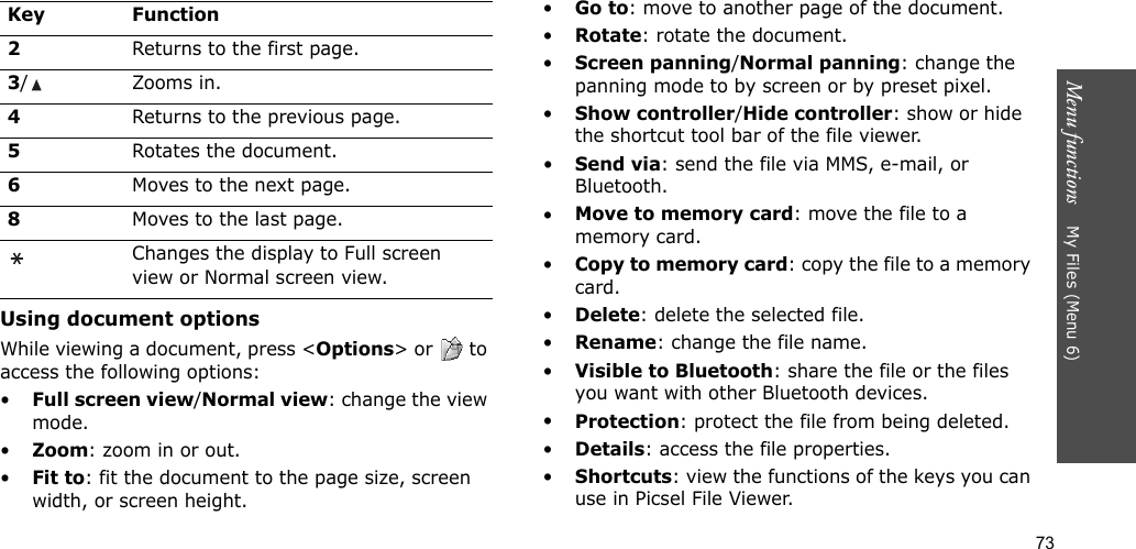 73Menu functions    My Files (Menu 6)Using document optionsWhile viewing a document, press &lt;Options&gt; or   to access the following options:•Full screen view/Normal view: change the view mode.•Zoom: zoom in or out.•Fit to: fit the document to the page size, screen width, or screen height.•Go to: move to another page of the document.•Rotate: rotate the document.•Screen panning/Normal panning: change the panning mode to by screen or by preset pixel.•Show controller/Hide controller: show or hide the shortcut tool bar of the file viewer.•Send via: send the file via MMS, e-mail, or Bluetooth.•Move to memory card: move the file to a memory card.•Copy to memory card: copy the file to a memory card.•Delete: delete the selected file.•Rename: change the file name.•Visible to Bluetooth: share the file or the files you want with other Bluetooth devices.•Protection: protect the file from being deleted.•Details: access the file properties.•Shortcuts: view the functions of the keys you can use in Picsel File Viewer.2Returns to the first page.3/ Zooms in. 4Returns to the previous page.5Rotates the document.6Moves to the next page.8Moves to the last page.Changes the display to Full screen view or Normal screen view.Key Function