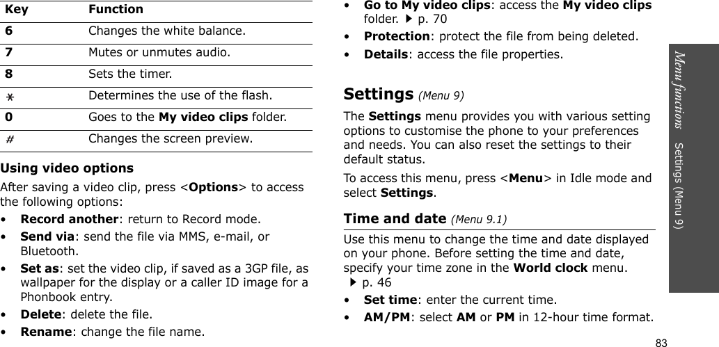 83Menu functions    Settings (Menu 9)Using video optionsAfter saving a video clip, press &lt;Options&gt; to access the following options:•Record another: return to Record mode.•Send via: send the file via MMS, e-mail, or Bluetooth.•Set as: set the video clip, if saved as a 3GP file, as wallpaper for the display or a caller ID image for a Phonbook entry.•Delete: delete the file.•Rename: change the file name.•Go to My video clips: access the My video clips folder.p. 70•Protection: protect the file from being deleted.•Details: access the file properties.Settings (Menu 9)The Settings menu provides you with various setting options to customise the phone to your preferences and needs. You can also reset the settings to their default status.To access this menu, press &lt;Menu&gt; in Idle mode and select Settings.Time and date (Menu 9.1)Use this menu to change the time and date displayed on your phone. Before setting the time and date, specify your time zone in the World clock menu. p. 46•Set time: enter the current time. •AM/PM: select AM or PM in 12-hour time format.6Changes the white balance.7Mutes or unmutes audio.8Sets the timer.Determines the use of the flash.0Goes to the My video clips folder.Changes the screen preview.Key Function