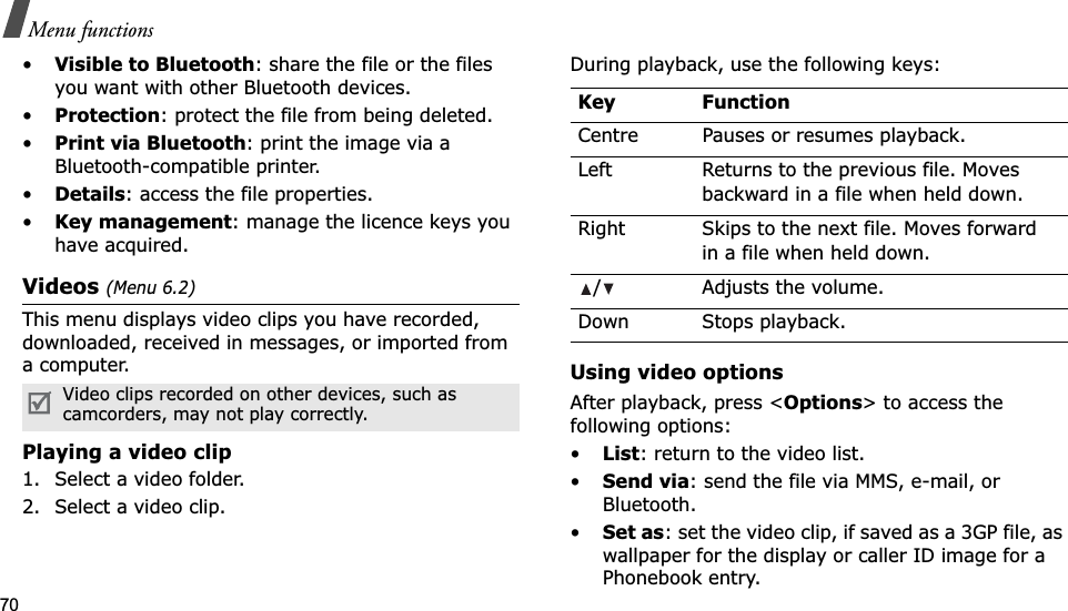 70Menu functions•Visible to Bluetooth: share the file or the files you want with other Bluetooth devices.•Protection: protect the file from being deleted.•Print via Bluetooth: print the image via a Bluetooth-compatible printer.•Details: access the file properties.•Key management: manage the licence keys you have acquired.Videos (Menu 6.2)This menu displays video clips you have recorded, downloaded, received in messages, or imported from a computer.Playing a video clip1. Select a video folder.2. Select a video clip.During playback, use the following keys:Using video optionsAfter playback, press &lt;Options&gt; to access the following options:•List: return to the video list.•Send via: send the file via MMS, e-mail, or Bluetooth.•Set as: set the video clip, if saved as a 3GP file, as wallpaper for the display or caller ID image for a Phonebook entry.Video clips recorded on other devices, such as camcorders, may not play correctly.Key FunctionCentre Pauses or resumes playback.Left Returns to the previous file. Moves backward in a file when held down.Right Skips to the next file. Moves forward in a file when held down./ Adjusts the volume.Down Stops playback.