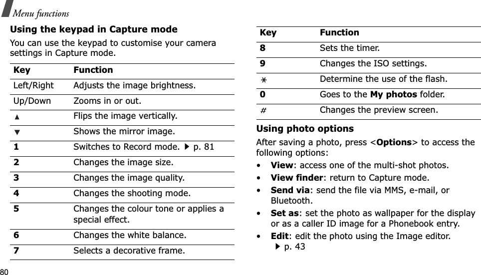 80Menu functionsUsing the keypad in Capture modeYou can use the keypad to customise your camera settings in Capture mode.Using photo optionsAfter saving a photo, press &lt;Options&gt; to access the following options:•View: access one of the multi-shot photos.•View finder: return to Capture mode.•Send via: send the file via MMS, e-mail, or Bluetooth.•Set as: set the photo as wallpaper for the display or as a caller ID image for a Phonebook entry.•Edit: edit the photo using the Image editor.p. 43Key FunctionLeft/Right Adjusts the image brightness.Up/Down Zooms in or out.Flips the image vertically.Shows the mirror image.1Switches to Record mode.p. 812Changes the image size. 3Changes the image quality.4Changes the shooting mode.5Changes the colour tone or applies a special effect.6Changes the white balance.7Selects a decorative frame.8Sets the timer.9Changes the ISO settings.Determine the use of the flash.0Goes to the My photos folder.Changes the preview screen.Key Function