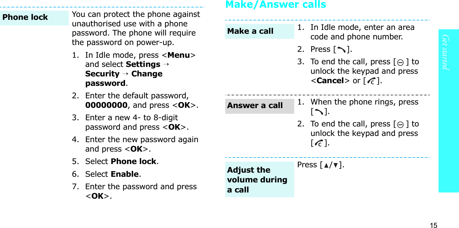 15Get startedMake/Answer callsYou can protect the phone against unauthorised use with a phone password. The phone will require the password on power-up.1. In Idle mode, press &lt;Menu&gt;and select Settings→Security→Change password.2. Enter the default password, 00000000, and press &lt;OK&gt;.3. Enter a new 4- to 8-digit password and press &lt;OK&gt;.4. Enter the new password again and press &lt;OK&gt;.5. Select Phone lock.6. Select Enable.7. Enter the password and press &lt;OK&gt;.Phone lock1. In Idle mode, enter an area code and phone number.2. Press [ ].3. To end the call, press [ ] to unlock the keypad and press &lt;Cancel&gt; or [ ].1. When the phone rings, press [].2. To end the call, press [ ] to unlock the keypad and press  [].Press [ / ].Make a callAnswer a callAdjust the volume during a call