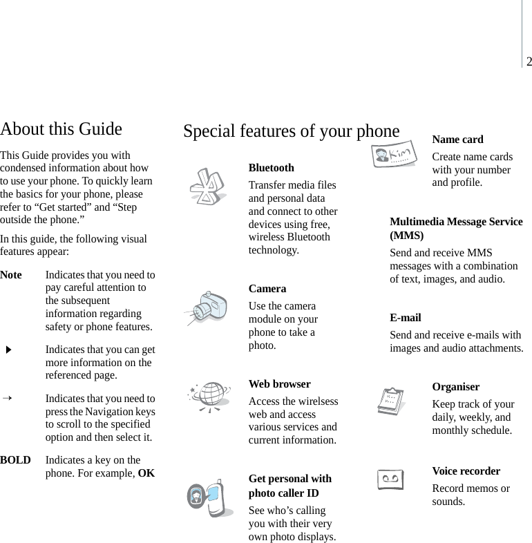2About this GuideThis Guide provides you with condensed information about how to use your phone. To quickly learn the basics for your phone, please refer to “Get started” and “Step outside the phone.”In this guide, the following visual features appear:NoteIndicates that you need to pay careful attention to the subsequent information regarding safety or phone features.Indicates that you can get more information on the referenced page. →Indicates that you need to press the Navigation keys to scroll to the specified option and then select it.BOLDIndicates a key on the phone. For example, OKBluetoothTransfer media files and personal data and connect to other devices using free, wireless Bluetooth technology.CameraUse the camera module on your phone to take a photo.Web browserAccess the wirelsess web and access various services and current information.Get personal with photo caller IDSee who’s calling you with their very own photo displays.Name cardCreate name cards with your number and profile. Multimedia Message Service (MMS)Send and receive MMS messages with a combination of text, images, and audio.E-mailSend and receive e-mails with images and audio attachments.OrganiserKeep track of your daily, weekly, and monthly schedule.Voice recorderRecord memos or sounds.Special features of your phone