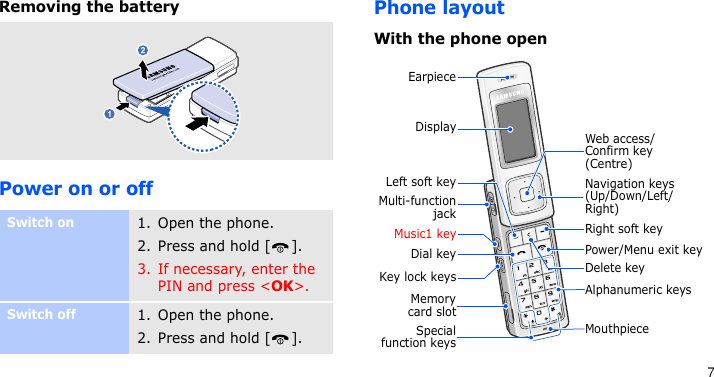 7Removing the batteryPower on or offPhone layoutWith the phone openSwitch on1. Open the phone.2. Press and hold [ ].3. If necessary, enter the PIN and press &lt;OK&gt;.Switch off1. Open the phone.2. Press and hold [ ].Specialfunction keysEarpieceDial keyDisplayMusic1 keyMulti-functionjackKey lock keysMouthpieceNavigation keys (Up/Down/Left/Right)Right soft keyPower/Menu exit keyDelete keyWeb access/Confirm key (Centre)Alphanumeric keysMemorycard slotLeft soft key