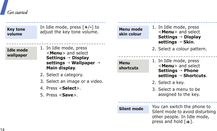Get started14In Idle mode, press [+/-] to adjust the key tone volume.1. In Idle mode, press &lt;Menu&gt; and select Settings → Display settings → Wallpaper → Main display.2. Select a category.3. Select an image or a video.4. Press &lt;Select&gt;.5. Press &lt;Save&gt;.Key tone volumeIdle mode wallpaper1. In Idle mode, press &lt;Menu&gt; and select Settings → Display settings → Skin.2. Select a colour pattern.1. In Idle mode, press &lt;Menu&gt; and select Settings → Phone settings → Shortcuts.2. Select a key.3. Select a menu to be assigned to the key.You can switch the phone to Silent mode to avoid disturbing other people. In Idle mode, press and hold [ ].Menu mode skin colourMenu shortcutsSilent mode