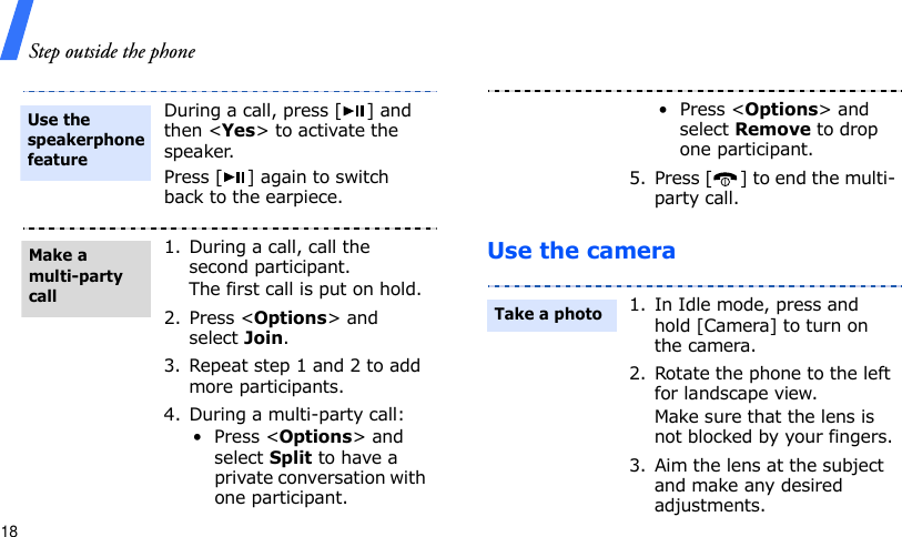 Step outside the phone18Use the cameraDuring a call, press [ ] and then &lt;Yes&gt; to activate the speaker.Press [ ] again to switch back to the earpiece.1. During a call, call the second participant.The first call is put on hold.2. Press &lt;Options&gt; and select Join.3. Repeat step 1 and 2 to add more participants.4. During a multi-party call:•Press &lt;Options&gt; and select Split to have a private conversation with one participant. Use the speakerphone featureMake a multi-party call• Press &lt;Options&gt; and select Remove to drop one participant.5. Press [ ] to end the multi-party call.1. In Idle mode, press and hold [Camera] to turn on the camera.2. Rotate the phone to the left for landscape view.Make sure that the lens is not blocked by your fingers.3. Aim the lens at the subject and make any desired adjustments.Take a photo