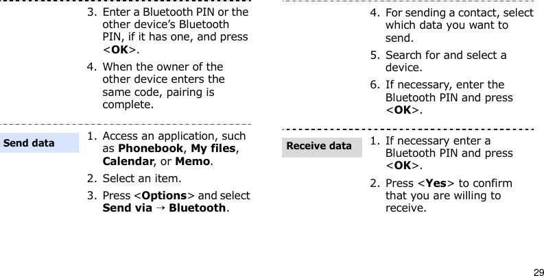 293. Enter a Bluetooth PIN or the other device’s Bluetooth PIN, if it has one, and press &lt;OK&gt;.4. When the owner of the other device enters the same code, pairing is complete.1. Access an application, such as Phonebook, My files, Calendar, or Memo.2. Select an item.3. Press &lt;Options&gt; and select Send via → Bluetooth.Send data4. For sending a contact, select which data you want to send. 5. Search for and select a device.6. If necessary, enter the Bluetooth PIN and press &lt;OK&gt;.1. If necessary enter a Bluetooth PIN and press &lt;OK&gt;.2. Press &lt;Yes&gt; to confirm that you are willing to receive.Receive data