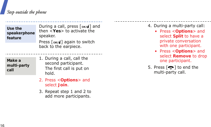 Step outside the phone16During a call, press [ ] and then &lt;Yes&gt; to activate the speaker.Press [ ] again to switch back to the earpiece.1. During a call, call the second participant.The first call is put on hold.2. Press &lt;Options&gt; and select Join.3. Repeat step 1 and 2 to add more participants.Use the speakerphone featureMake a multi-party call4. During a multi-party call:• Press &lt;Options&gt; and select Split to have a private conversation with one participant. • Press &lt;Options&gt; and select Remove to drop one participant.5. Press [ ] to end the multi-party call.