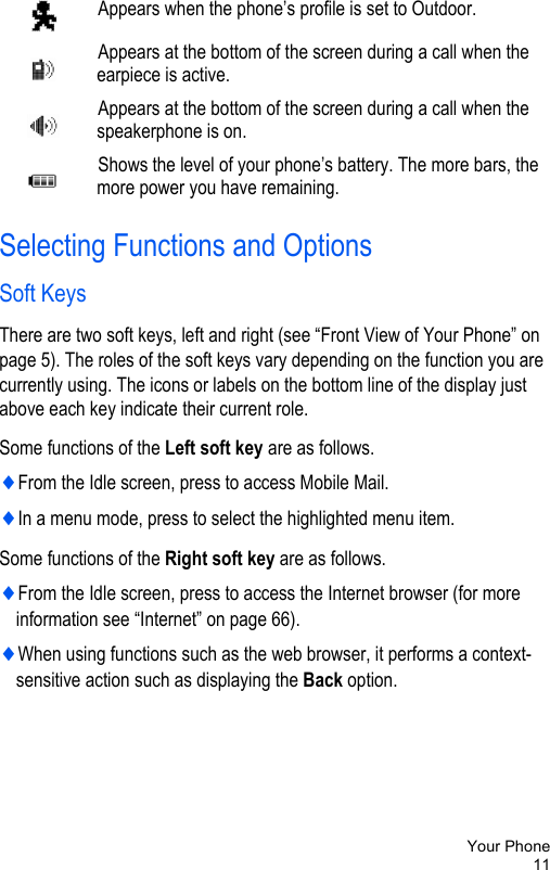Your Phone11Selecting Functions and OptionsSoft KeysThere are two soft keys, left and right (see “Front View of Your Phone” on page 5). The roles of the soft keys vary depending on the function you are currently using. The icons or labels on the bottom line of the display just above each key indicate their current role.Some functions of the Left soft key are as follows.♦From the Idle screen, press to access Mobile Mail.♦In a menu mode, press to select the highlighted menu item.Some functions of the Right soft key are as follows.♦From the Idle screen, press to access the Internet browser (for more information see “Internet” on page 66).♦When using functions such as the web browser, it performs a context-sensitive action such as displaying the Back option.Appears when the phone’s profile is set to Outdoor.Appears at the bottom of the screen during a call when the earpiece is active.Appears at the bottom of the screen during a call when the speakerphone is on.Shows the level of your phone’s battery. The more bars, the more power you have remaining.