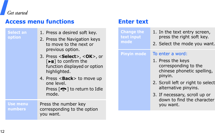 Get started12Access menu functions Enter textSelect an option1. Press a desired soft key.2. Press the Navigation keys to move to the next or previous option.3. Press &lt;Select&gt;, &lt;OK&gt;, or [ ] to confirm the function displayed or option highlighted.4. Press &lt;Back&gt; to move up one level.Press [ ] to return to Idle mode.Use menu numbersPress the number key corresponding to the option you want.Change the text input mode1. In the text entry screen, press the right soft key.2. Select the mode you want.Pinyin modeTo e nte r a  wo rd:1. Press the keys corresponding to the chinese phonetic spelling, pinyin.2. Scroll left or right to select alternative pinyins.3. If necessary, scroll up or down to find the character you want.
