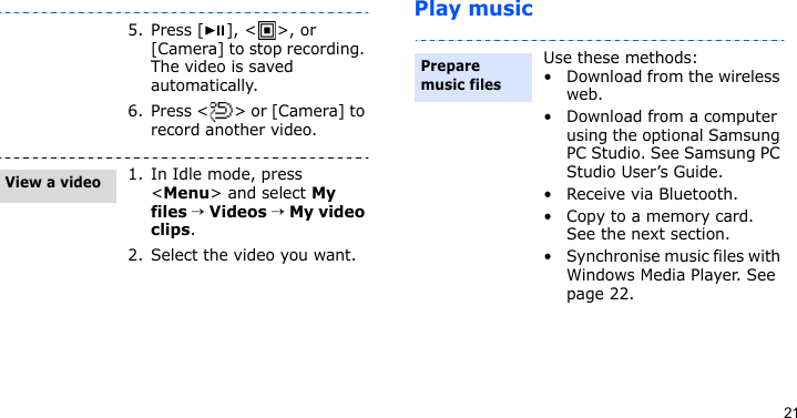 21Play music5. Press [ ], &lt; &gt;, or [Camera] to stop recording. The video is saved automatically.6. Press &lt; &gt; or [Camera] to record another video.1. In Idle mode, press &lt;Menu&gt; and select My files → Videos → My video clips.2. Select the video you want.View a videoUse these methods:• Download from the wireless web.• Download from a computer using the optional Samsung PC Studio. See Samsung PC Studio User’s Guide.• Receive via Bluetooth.• Copy to a memory card. See the next section.• Synchronise music files with Windows Media Player. See page 22.Prepare music files