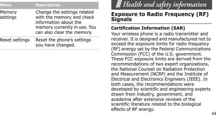 43Health and safety informationExposure to Radio Frequency (RF) SignalsCertification Information (SAR)Your wireless phone is a radio transmitter and receiver. It is designed and manufactured not to exceed the exposure limits for radio frequency (RF) energy set by the Federal Communications Commission (FCC) of the U.S. government. These FCC exposure limits are derived from the recommendations of two expert organizations, the National Counsel on Radiation Protection and Measurement (NCRP) and the Institute of Electrical and Electronics Engineers (IEEE). In both cases, the recommendations were developed by scientific and engineering experts drawn from industry, government, and academia after extensive reviews of the scientific literature related to the biological effects of RF energy.Memory settingsChange the settings related with the memory and check information about the memory currently in use. You can also clear the memory.Reset settings Reset the phone’s settings you have changed.Menu Description