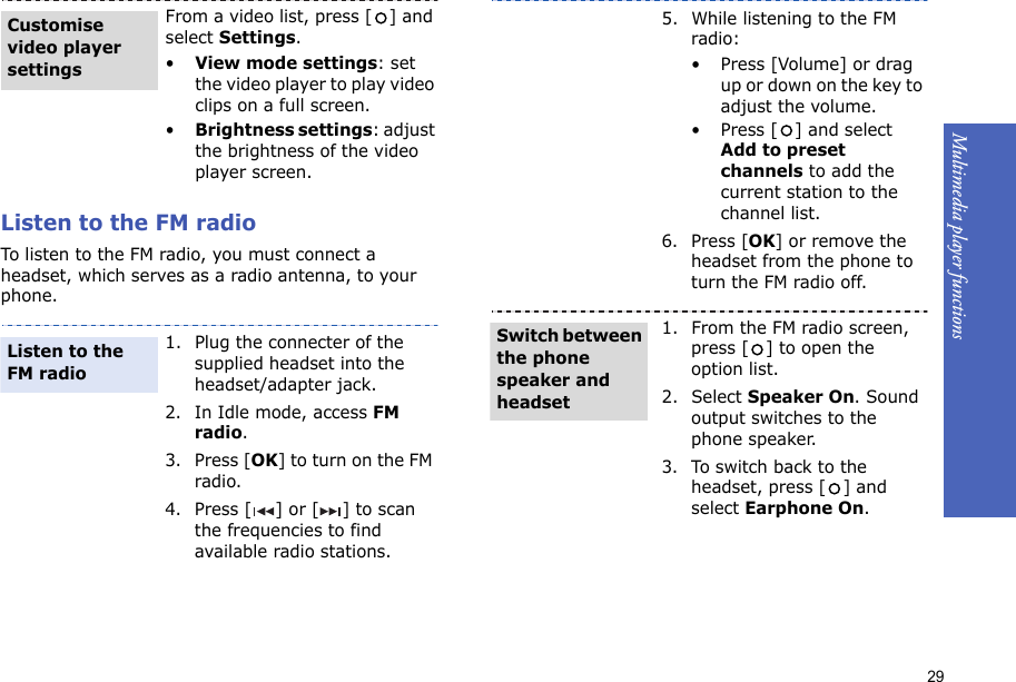 29Multimedia player functions    Listen to the FM radioTo listen to the FM radio, you must connect a headset, which serves as a radio antenna, to your phone.From a video list, press [ ] and select Settings. •View mode settings: set the video player to play video clips on a full screen.•Brightness settings: adjust the brightness of the video player screen.1. Plug the connecter of the supplied headset into the headset/adapter jack.2. In Idle mode, access FM radio.3. Press [OK] to turn on the FM radio.4. Press [ ] or [ ] to scan the frequencies to find available radio stations.Customise video player settingsListen to the FM radio5. While listening to the FM radio:• Press [Volume] or drag up or down on the key to adjust the volume.• Press [ ] and select Add to preset channels to add the current station to the channel list.6. Press [OK] or remove the headset from the phone to turn the FM radio off.1. From the FM radio screen, press [ ] to open the option list.2. Select Speaker On. Sound output switches to the phone speaker.3. To switch back to the headset, press [ ] and select Earphone On.Switch between the phone speaker and headset
