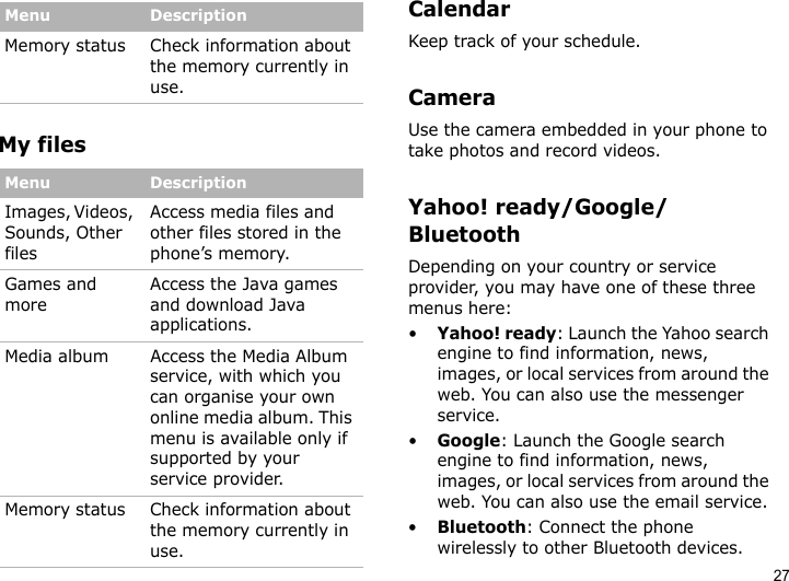 27My filesCalendarKeep track of your schedule.CameraUse the camera embedded in your phone to take photos and record videos.Yahoo! ready/Google/BluetoothDepending on your country or service provider, you may have one of these three menus here:•Yahoo! ready: Launch the Yahoo search engine to find information, news, images, or local services from around the web. You can also use the messenger service.•Google: Launch the Google search engine to find information, news, images, or local services from around the web. You can also use the email service.•Bluetooth: Connect the phone wirelessly to other Bluetooth devices.Memory status Check information about the memory currently in use.Menu DescriptionImages, Videos, Sounds, Other filesAccess media files and other files stored in the phone’s memory.Games and moreAccess the Java games and download Java applications.Media album Access the Media Album service, with which you can organise your own online media album. This menu is available only if supported by your service provider.Memory status Check information about the memory currently in use.Menu Description