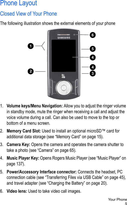 Your Phone5Phone LayoutClosed View of Your PhoneThe following illustration shows the external elements of your phone1. Volume keys/Menu Navigation: Allow you to adjust the ringer volume in standby mode, mute the ringer when receiving a call and adjust the voice volume during a call. Can also be used to move to the top or bottom of a menu screen. 2. Memory Card Slot: Used to install an optional microSD™ card for additional data storage (see “Memory Card” on page 15).3. Camera Key: Opens the camera and operates the camera shutter to take a photo (see “Camera” on page 65).4. Music Player Key: Opens Rogers Music Player (see “Music Player” on page 137).5. Power/Accessory Interface connector: Connects the headset, PC connection cable (see “Transferring Files via USB Cable” on page 45), and travel adapter (see “Charging the Battery” on page 20).6. Video lens: Used to take video call images.11113214151614