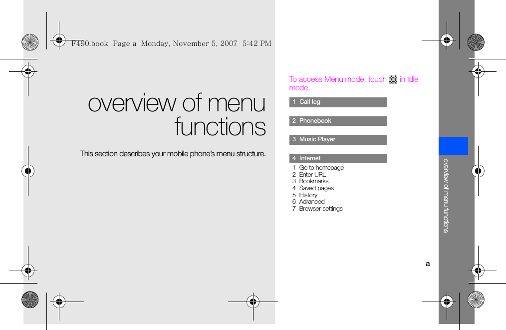 aoverview of menu functionsoverview of menufunctionsThis section describes your mobile phone’s menu structure.To access Menu mode, touch   in Idle mode.1  Call log2  Phonebook3  Music Player4  Internet1  Go to homepage2  Enter URL3  Bookmarks4  Saved pages5  History6  Adranced7  Browser settingsF490.book  Page a  Monday, November 5, 2007  5:42 PM