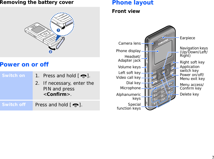 7Removing the battery coverPower on or offPhone layoutFront viewSwitch on1. Press and hold [ ].2. If necessary, enter the PIN and press &lt;Confirm&gt;.Switch offPress and hold [ ].Specialfunction keysCamera lensPhone displayDial keyAlphanumerickeysLeft soft keyMicrophoneVideo call keyVolume keysHeadset/Adapter jackMenu access/Confirm keyNavigation keys (Up/Down/Left/Right)Application switch keyPower on/off/Menu exit keyEarpieceDelete keyRight soft key