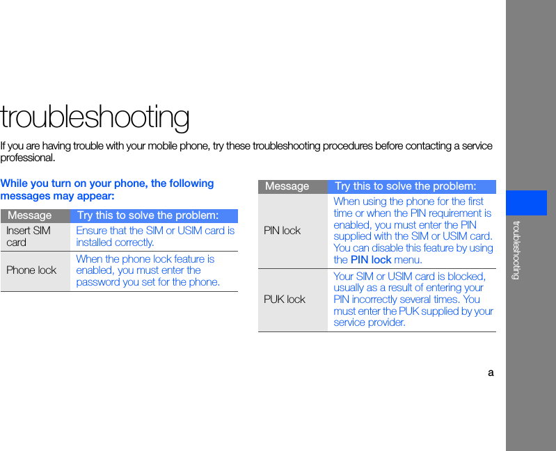 atroubleshootingtroubleshootingIf you are having trouble with your mobile phone, try these troubleshooting procedures before contacting a service professional.While you turn on your phone, the following messages may appear:Message Try this to solve the problem:Insert SIM cardEnsure that the SIM or USIM card is installed correctly.Phone lockWhen the phone lock feature is enabled, you must enter the password you set for the phone.PIN lockWhen using the phone for the first time or when the PIN requirement is enabled, you must enter the PIN supplied with the SIM or USIM card. You can disable this feature by using the PIN lock menu.PUK lockYour SIM or USIM card is blocked, usually as a result of entering your PIN incorrectly several times. You must enter the PUK supplied by your service provider. Message Try this to solve the problem: