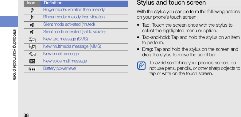38introducing your mobile phoneStylus and touch screenWith the stylus you can perform the following actions on your phone’s touch screen:• Tap: Touch the screen once with the stylus to select the highlighted menu or option.• Tap-and-hold: Tap and hold the stylus on an item to perform.• Drag: Tap and hold the stylus on the screen and drag the stylus to move the scroll bar.Ringer mode: vibration then melodyRinger mode: melody then vibrationSilent mode activated (muted)Silent mode activated (set to vibrate)New text message (SMS)New multimedia message (MMS)New email messageNew voice mail messageBattery power levelIcon DefinitionTo avoid scratching your phone’s screen, do not use pens, pencils, or other sharp objects to tap or write on the touch screen.