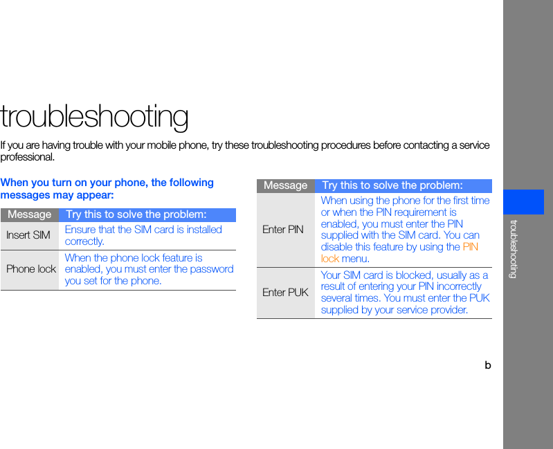 btroubleshootingtroubleshootingIf you are having trouble with your mobile phone, try these troubleshooting procedures before contacting a service professional.When you turn on your phone, the following messages may appear:Message Try this to solve the problem:Insert SIM Ensure that the SIM card is installed correctly.Phone lockWhen the phone lock feature is enabled, you must enter the password you set for the phone.Enter PINWhen using the phone for the first time or when the PIN requirement is enabled, you must enter the PIN supplied with the SIM card. You can disable this feature by using the PIN lock menu.Enter PUKYour SIM card is blocked, usually as a result of entering your PIN incorrectly several times. You must enter the PUK supplied by your service provider. Message Try this to solve the problem:
